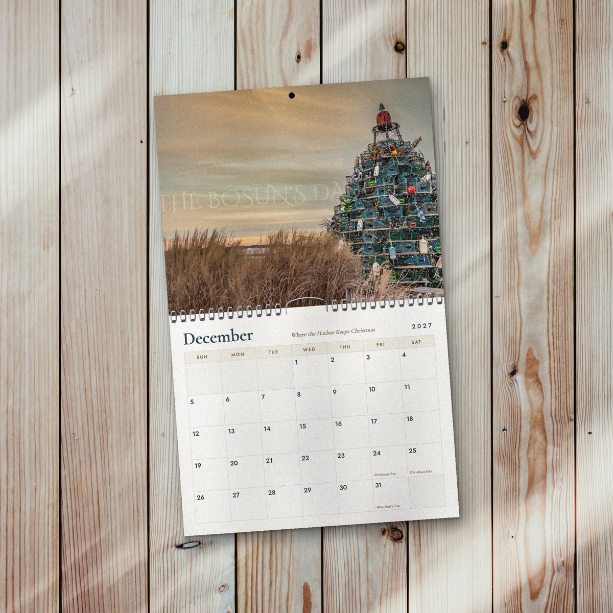 December page of the Coastal 2027 calendar: a lobster pot Christmas tree on Block Island