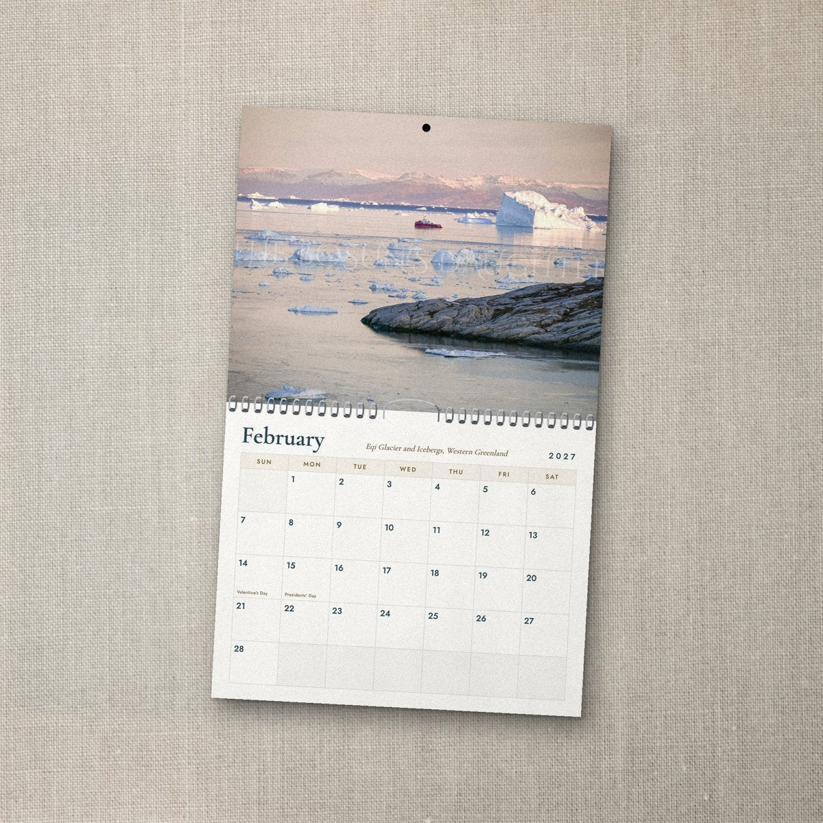 February page of the Greenland Icebergs 2027 calendar: Eqi Glacier and icebergs in western Greenland