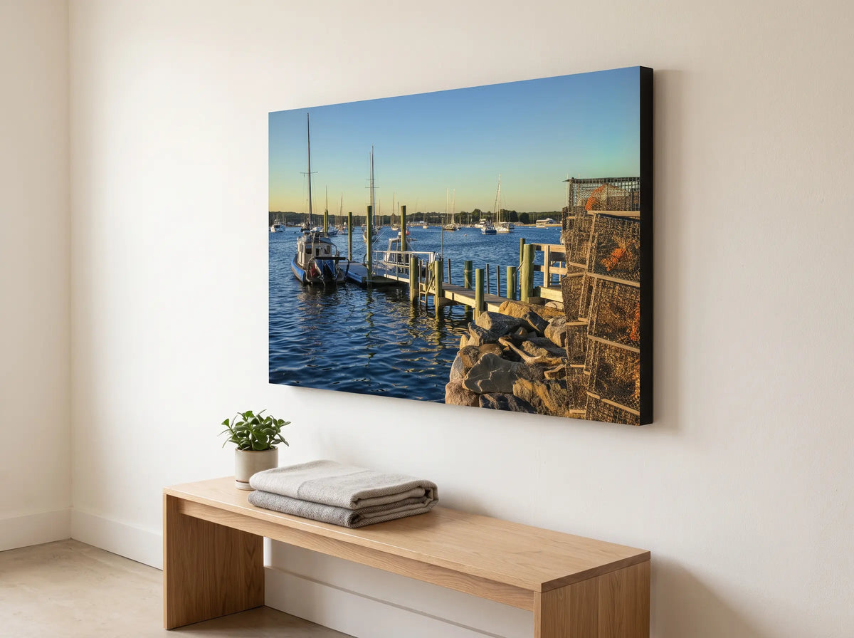 Mounted print of a marina at sunset above a wooden bench